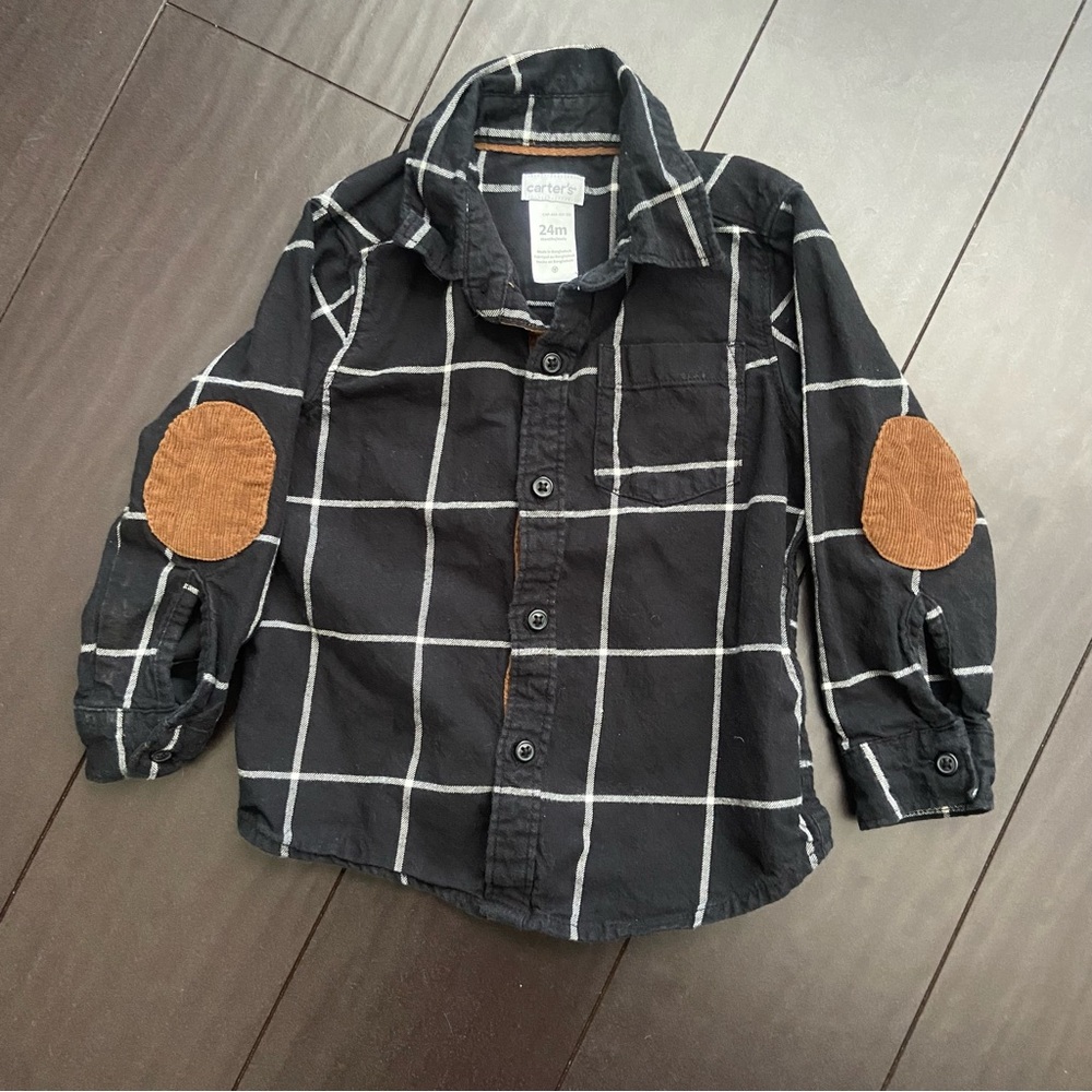 Carter’s black & white striped dress shirt with brown corduroy elbow patches 24M